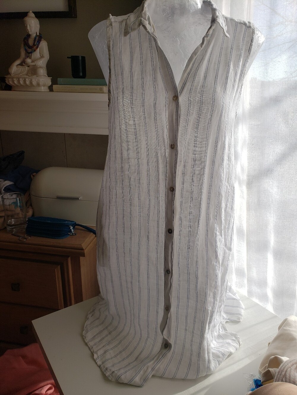 Rosemarine Sleeveless Button-Front White 100% Linen Stripe Tunic Dress